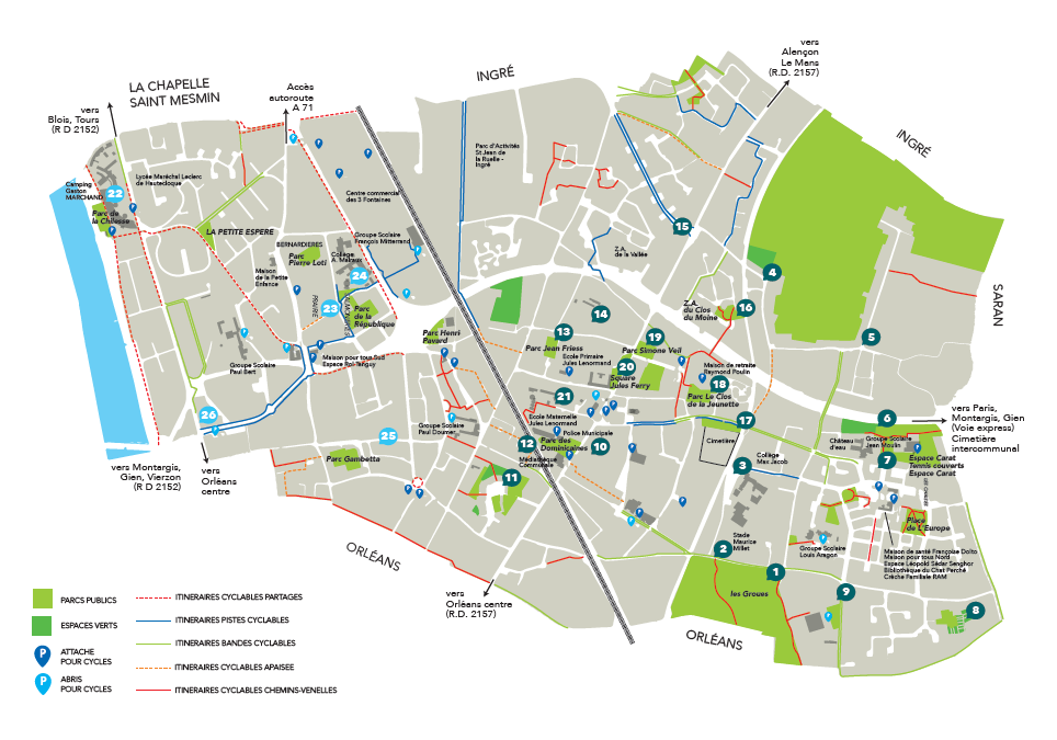 Carte espaces verts et mobilité douce Saint Jean de la Ruelle