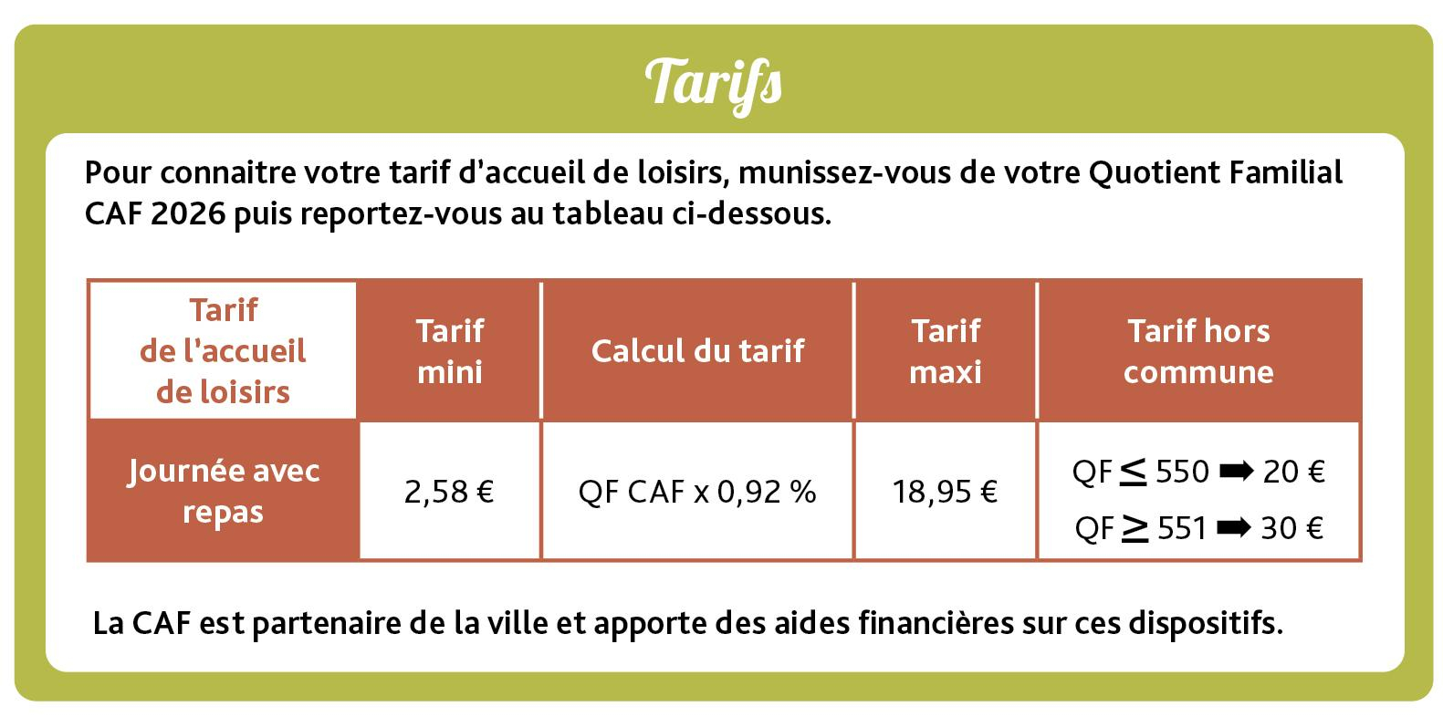 Tarif accueil loisirs été 2026